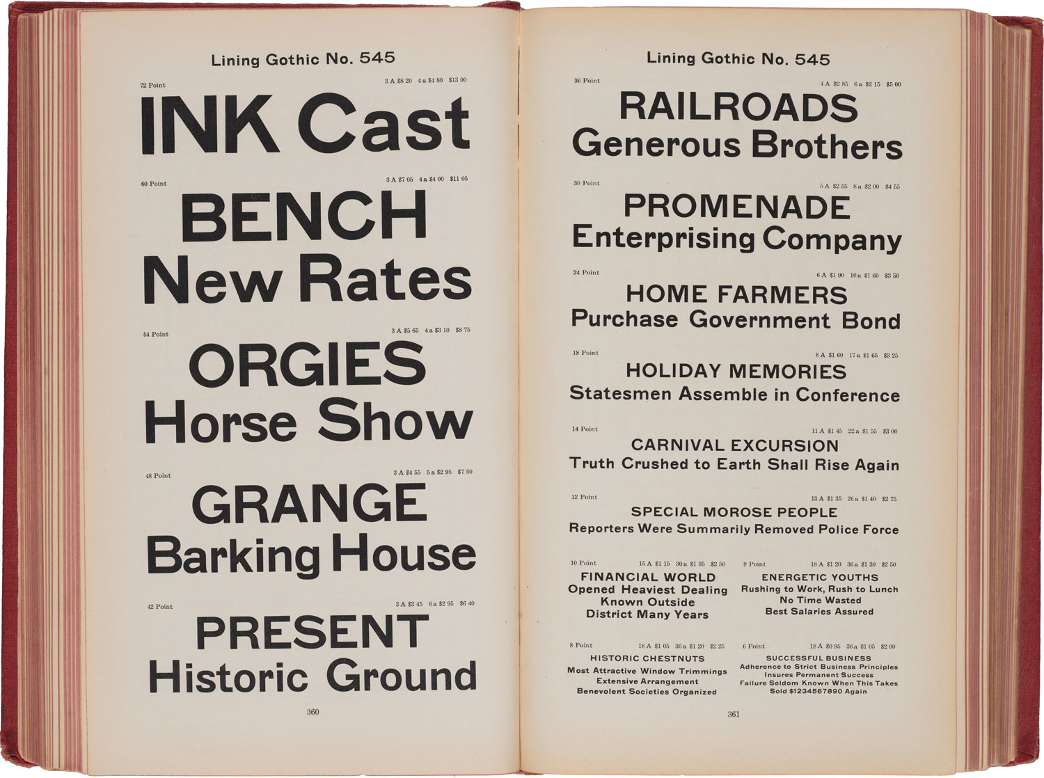 An open type specimen book shows samples of the typeface Lining Gothic at various sizes