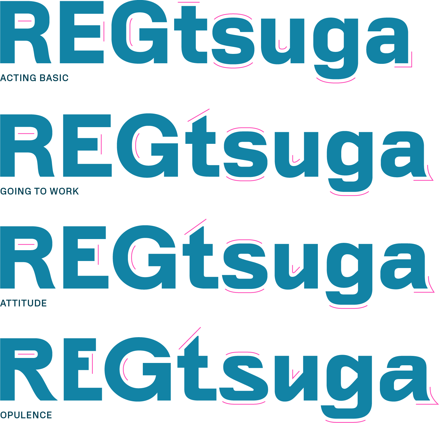 The letterform string “REGtsuga” repeated four times, demonstrating structural and stylistic differences between four different type styles, labeled Acting Basic, Going to Work, Attitude, and Opulence