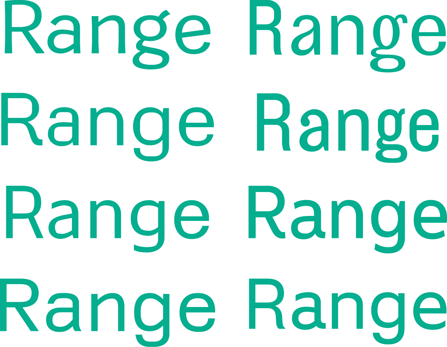 The word “Range” repeated eight times, demonstrating concepts for different styles of typefaces)